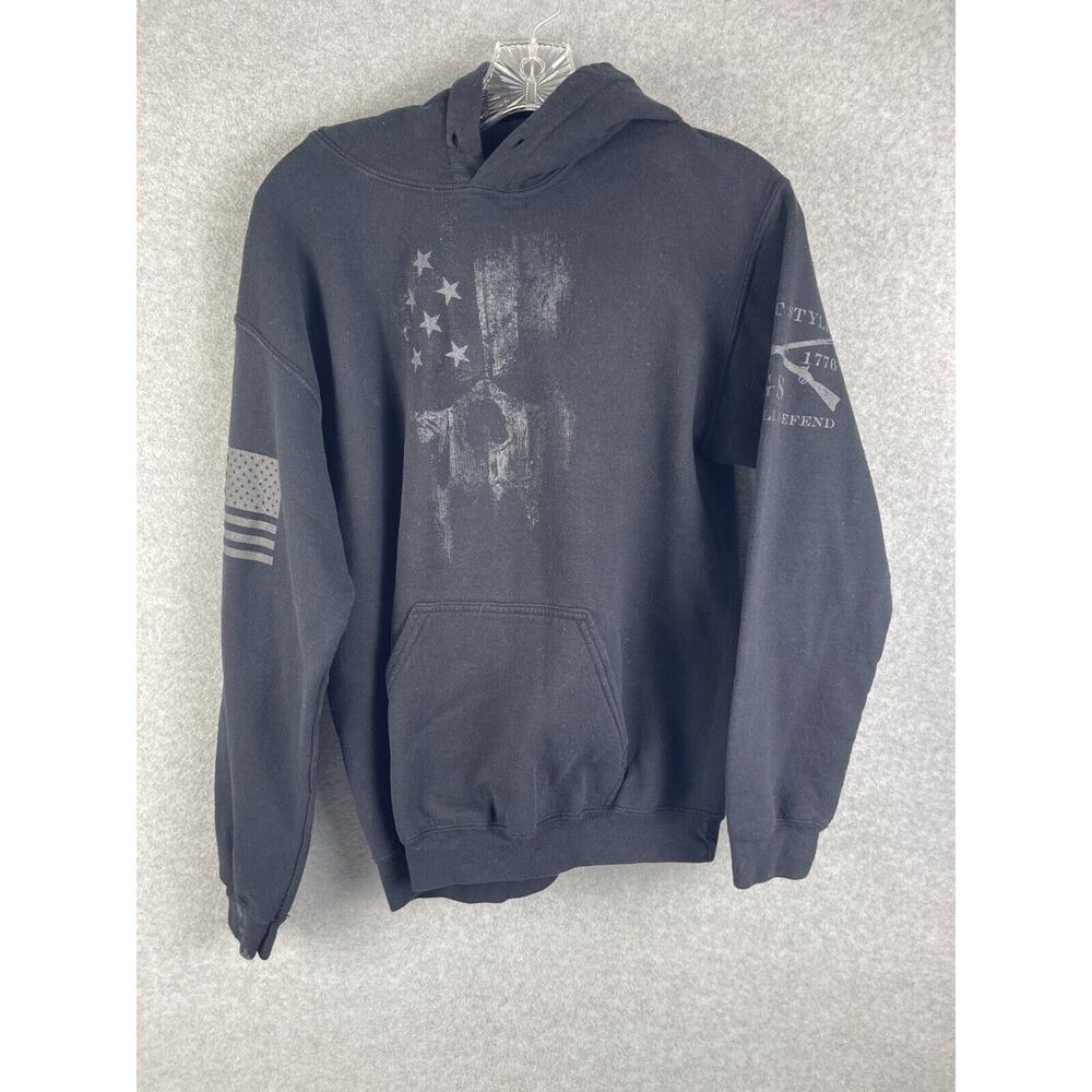 Grunt Style Hoodie Men's Size S Black‎ Skull w American Flag Missing Drawstring